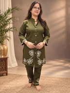 Olive Green Cotton Embroidered Co-ord Set