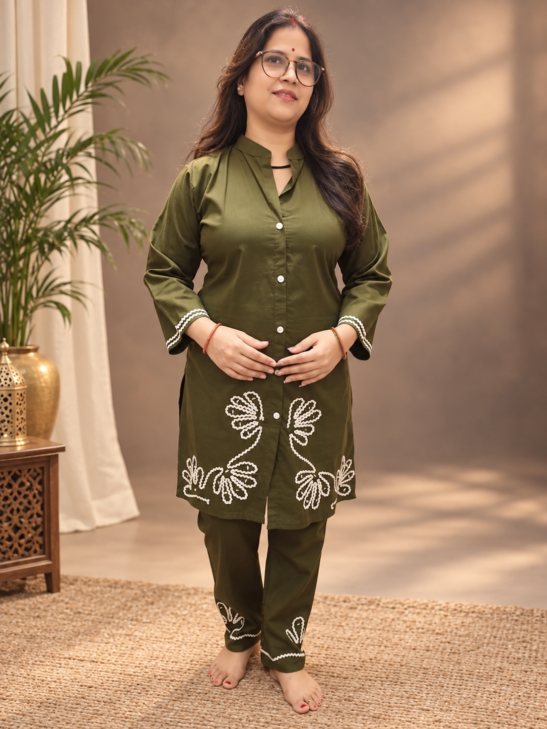 Olive Green Cotton Embroidered Co-ord Set
