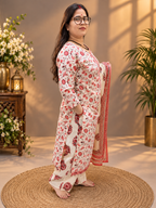 Ivory Floral Printed Cotton Suit Set with Dupatta