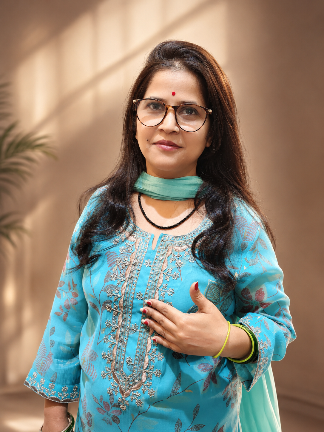 Aqua Blue 3-Piece Suit Set – Floral Print & Embroidered Neckline