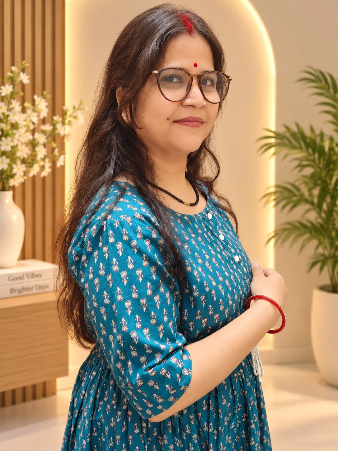 Teal Blue Printed Cotton Kurti Dress