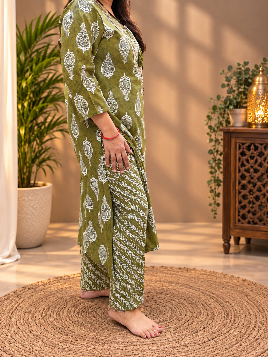 Olive Green Cotton Printed Kurta Pant & Dupatta Set