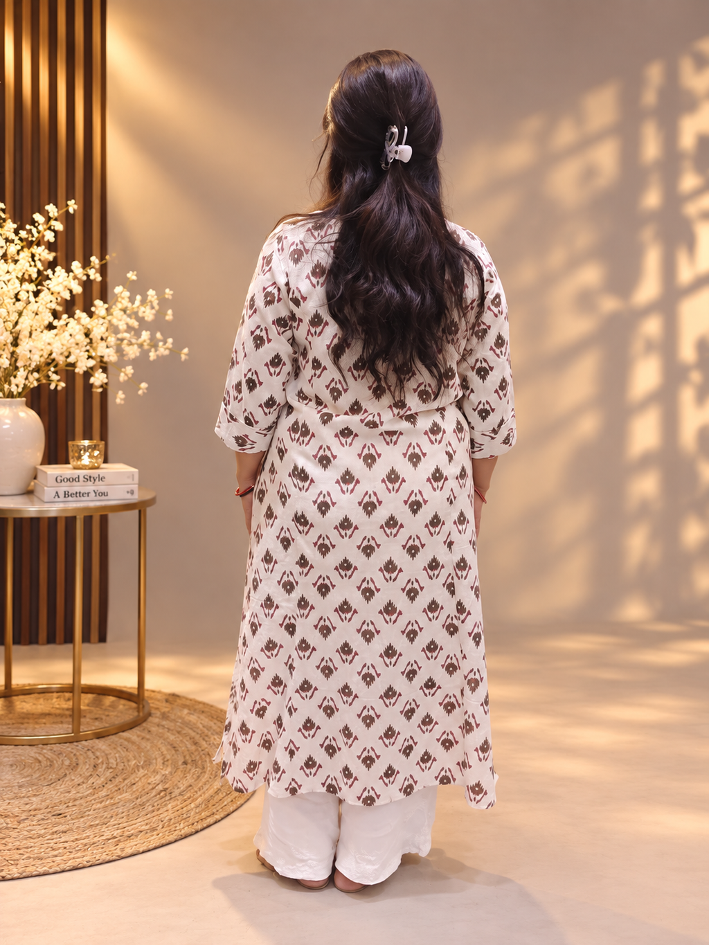Printed Cotton Front-Button Kurti – Off-White Floral Motif