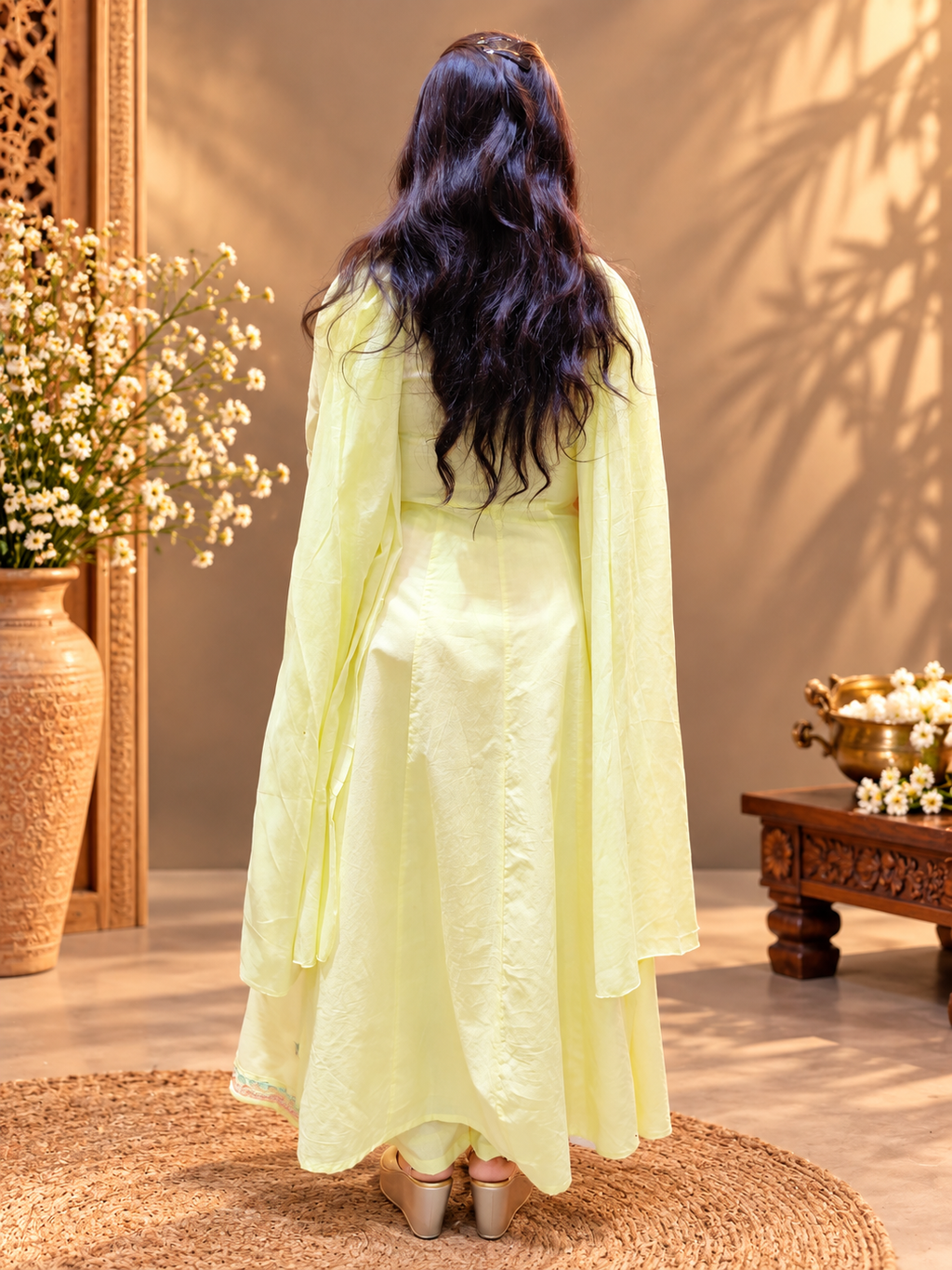 Pastel Yellow Cotton Embroidered Anarkali Suit Set