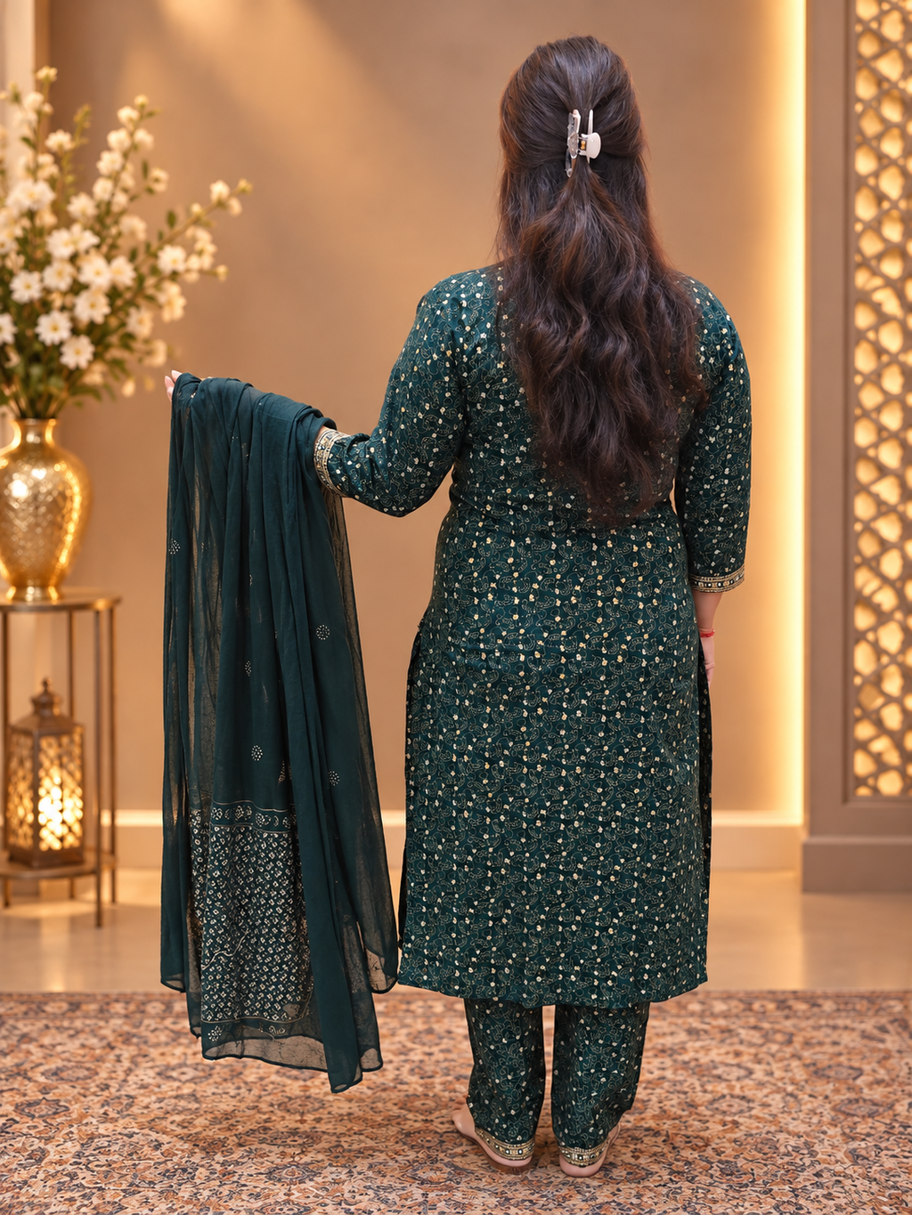 Bottle Green Rayon Printed Suit Set with Dupatta