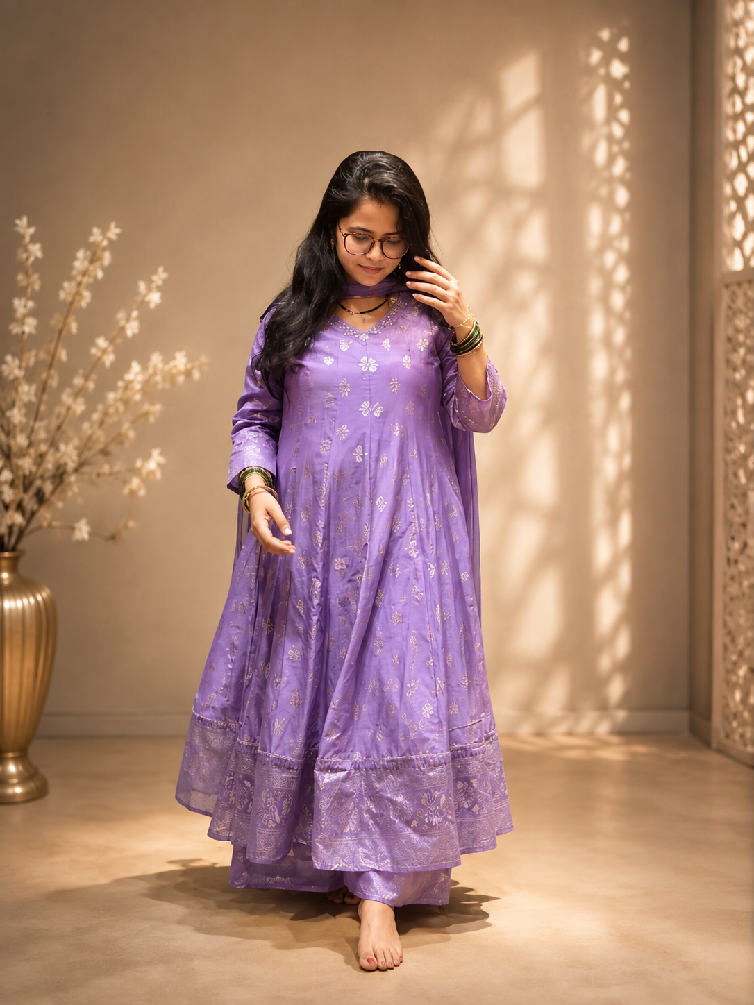 Lavender Mul Chanderi Foil Print Kalidar 3-Piece Suit Set with Palazzo & Dupatta