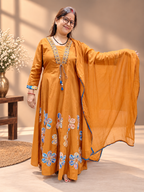Mustard Ochre Cotton Anarkali Suit with Applique Work