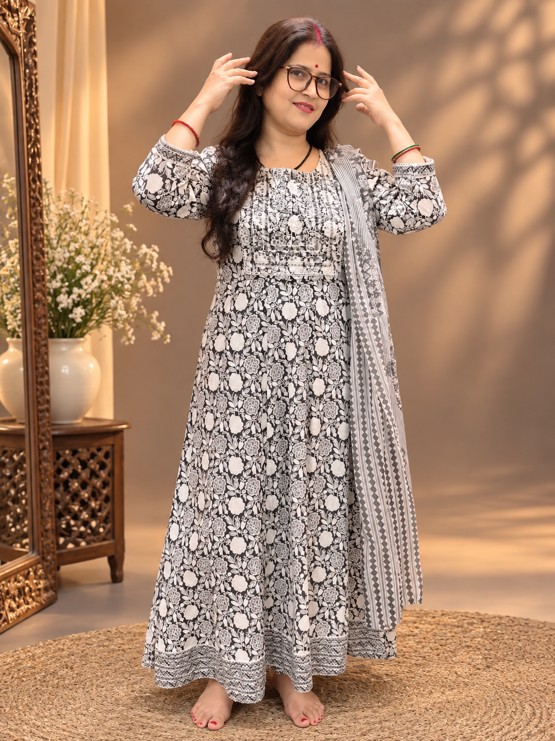 Black & White Printed Cotton Anarkali Suit Set with Dupatta