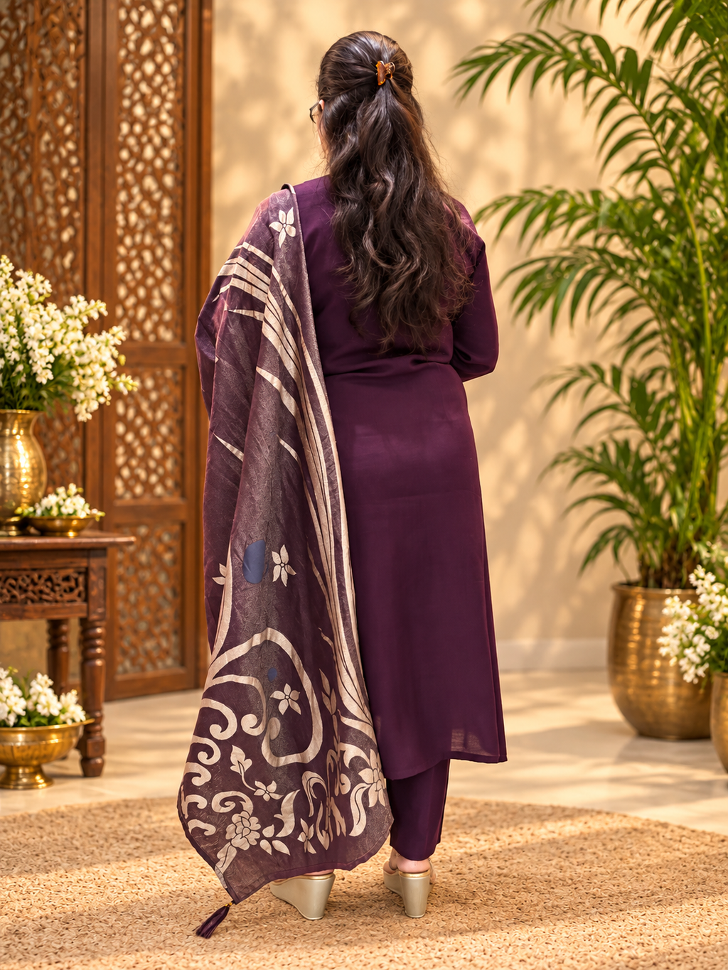 Wine Cotton Suit Set with Jacquard Dupatta