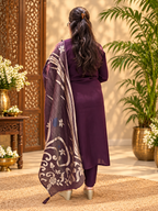Wine Cotton Suit Set with Jacquard Dupatta
