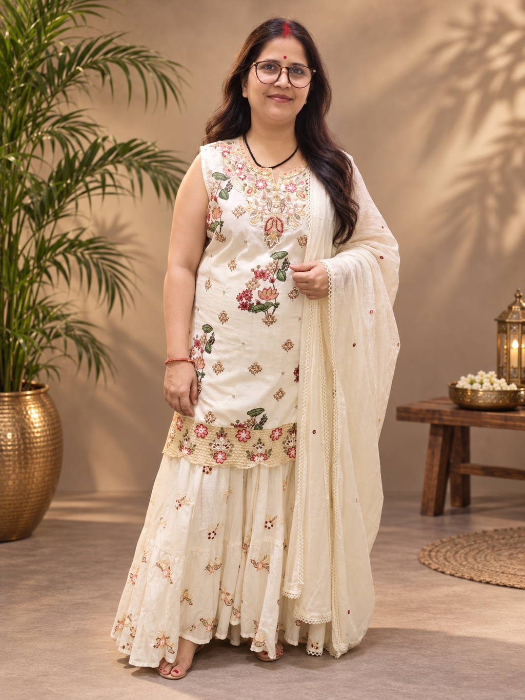 Ivory Floral Printed Cotton Kurta Set with Mul Cotton Skirt