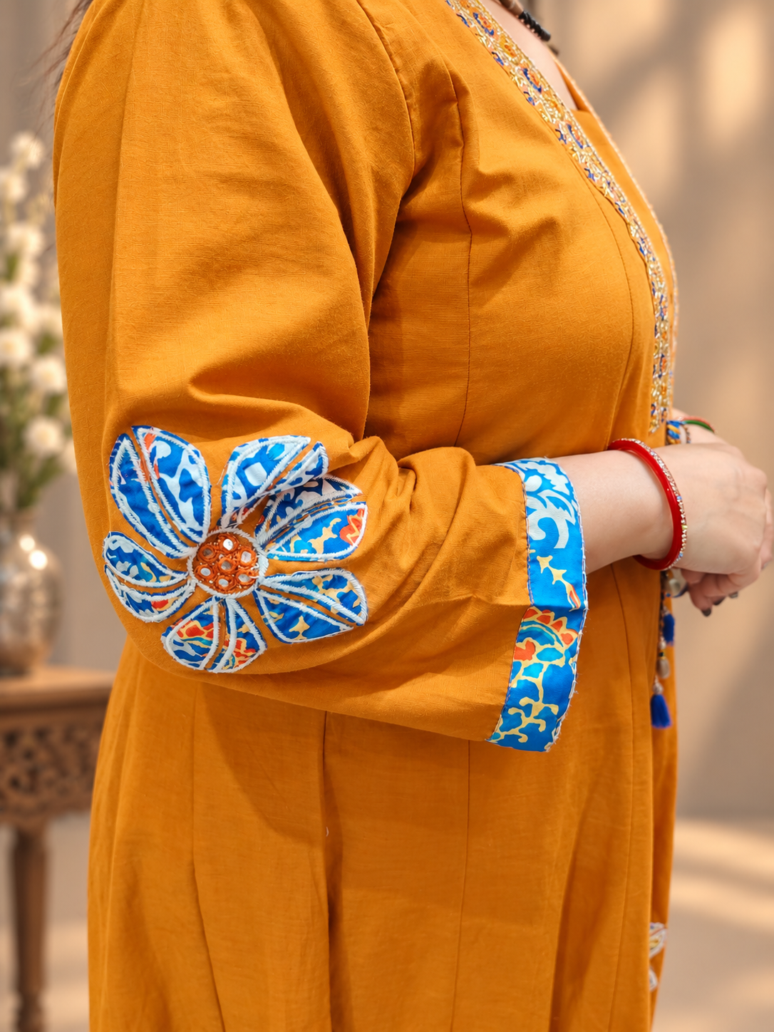 Mustard Ochre Cotton Anarkali Suit with Applique Work