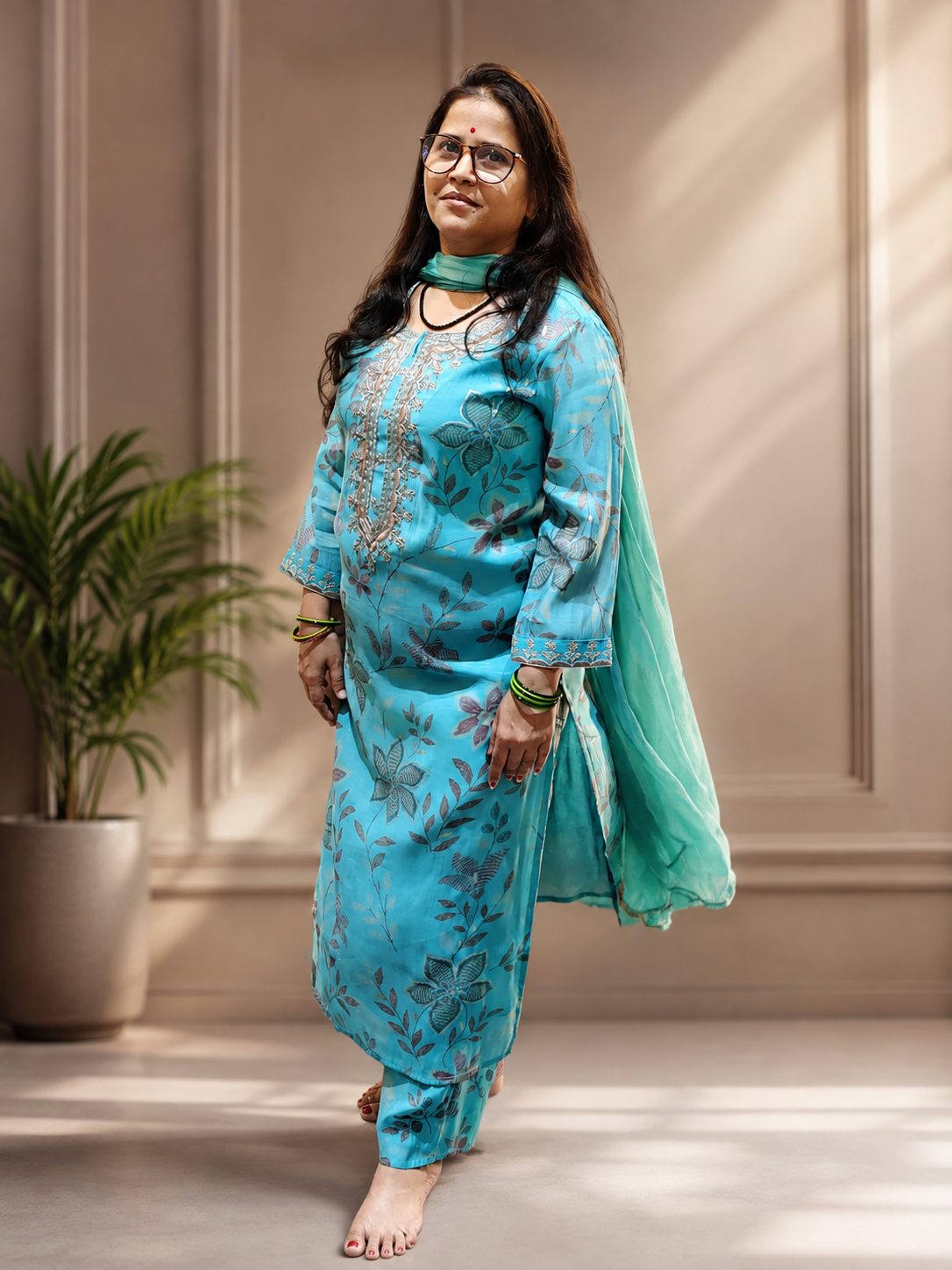 Aqua Blue 3-Piece Suit Set – Floral Print & Embroidered Neckline
