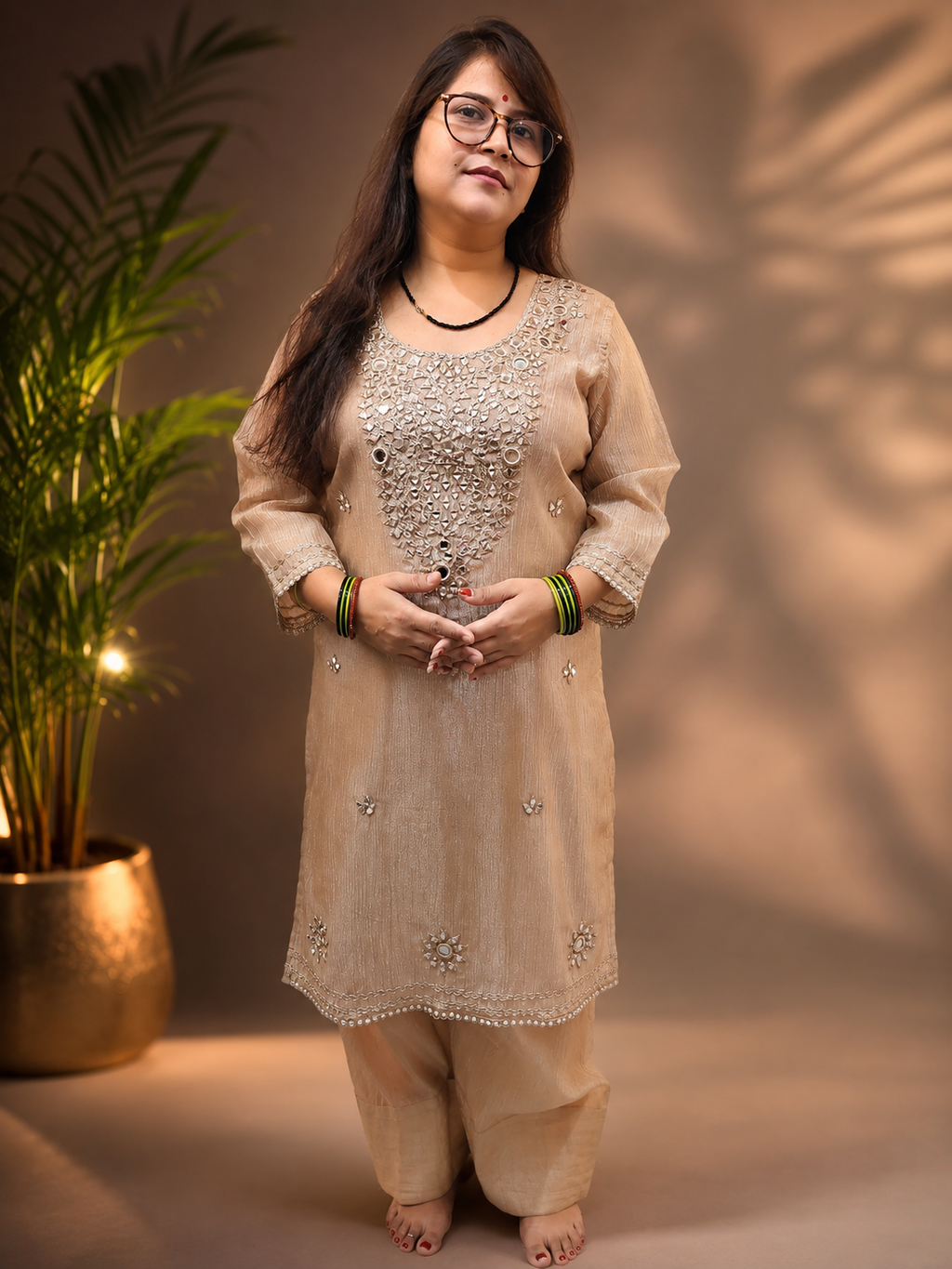Farsi Salwar 3-Piece Suit Set with Mirror Work & Shimmer Fabric