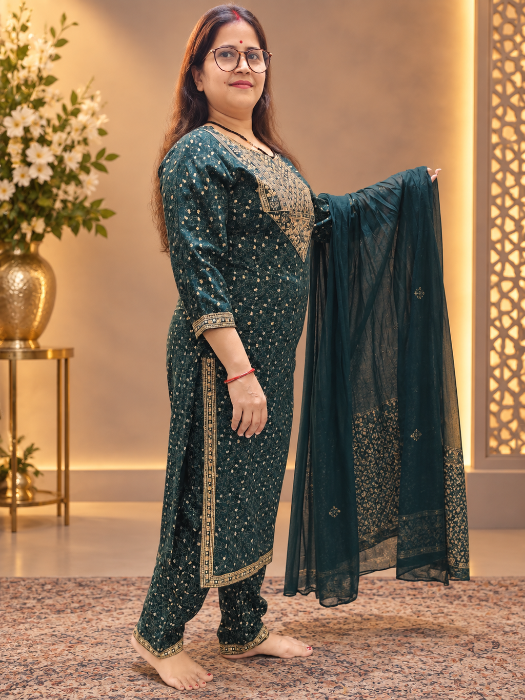 Bottle Green Rayon Printed Suit Set with Dupatta