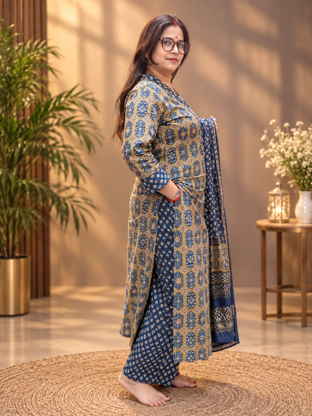 Blue Printed Cotton Kurta Pant Dupatta Set | 3-Piece Cotton Suit Set