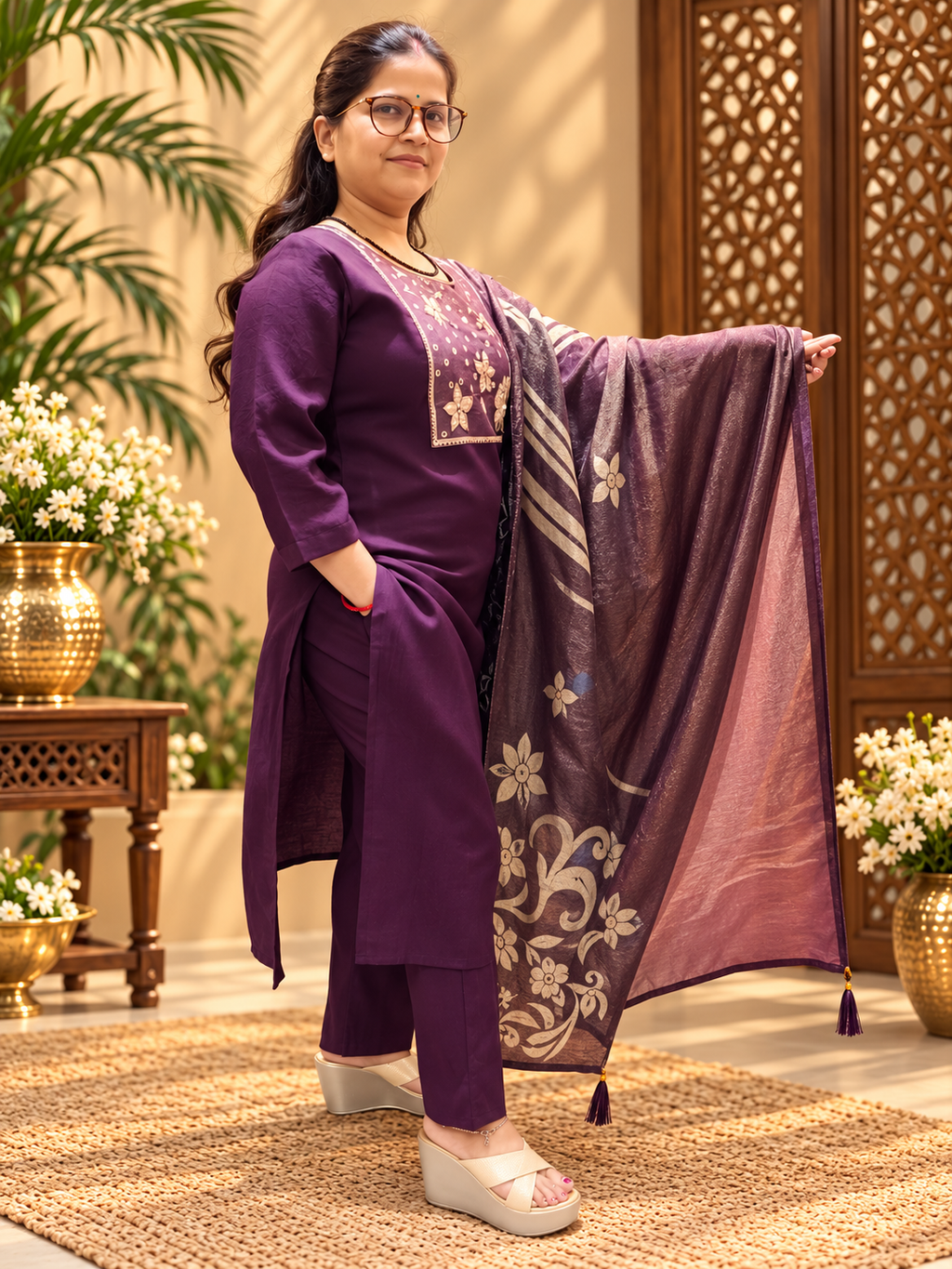 Wine Cotton Suit Set with Jacquard Dupatta