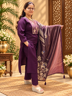 Wine Cotton Suit Set with Jacquard Dupatta