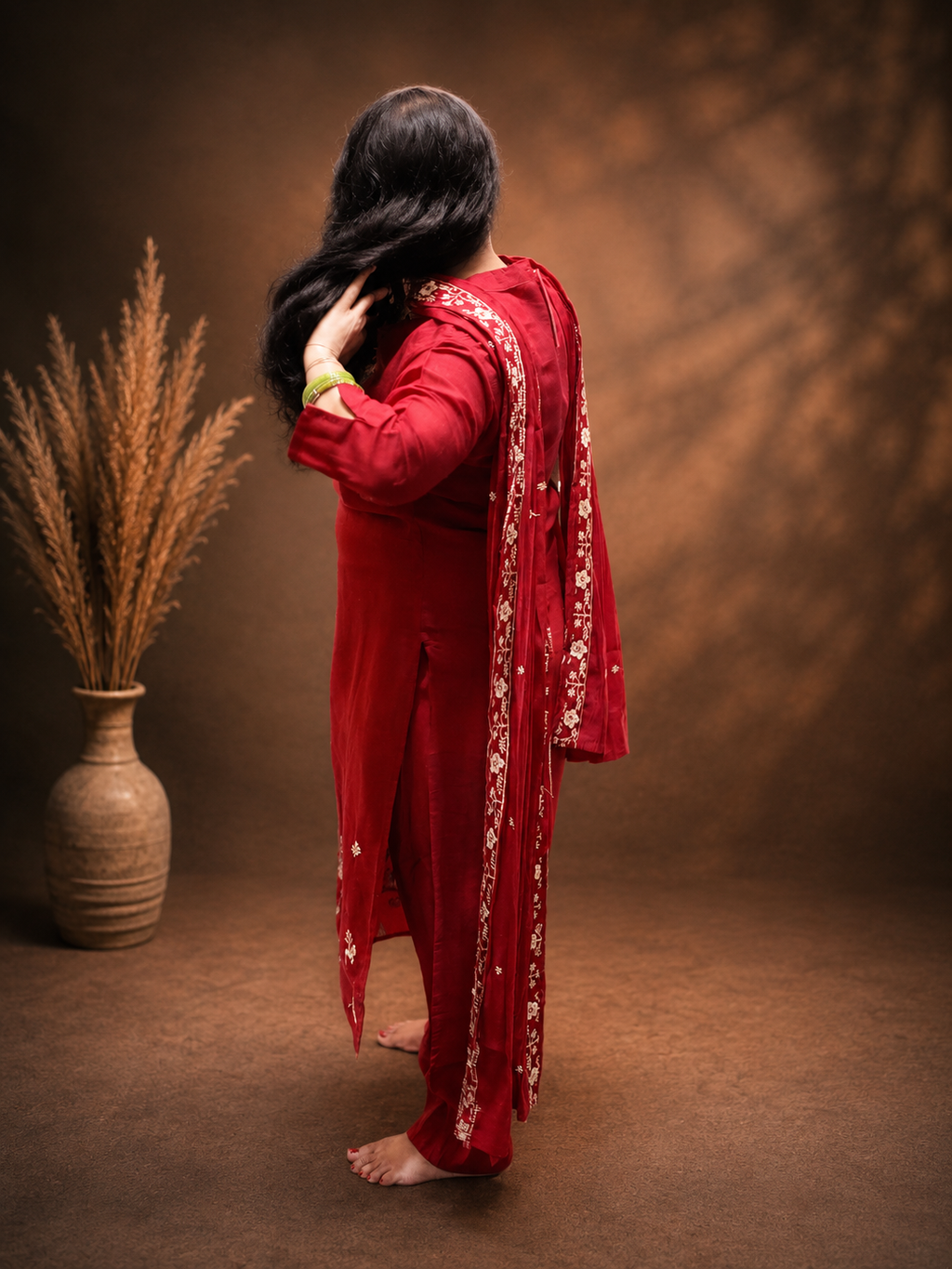 Maroon Floral Embroidered 3-Piece Suit Set