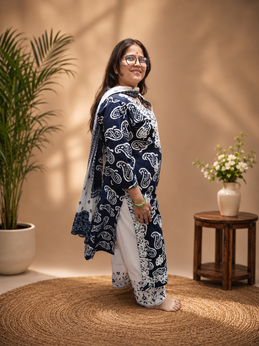 Indigo Printed 3-Piece Suit Set with White Thread Embroidery & Palazzo