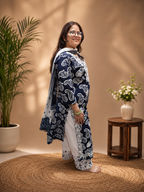 Indigo Printed 3-Piece Suit Set with White Thread Embroidery & Palazzo