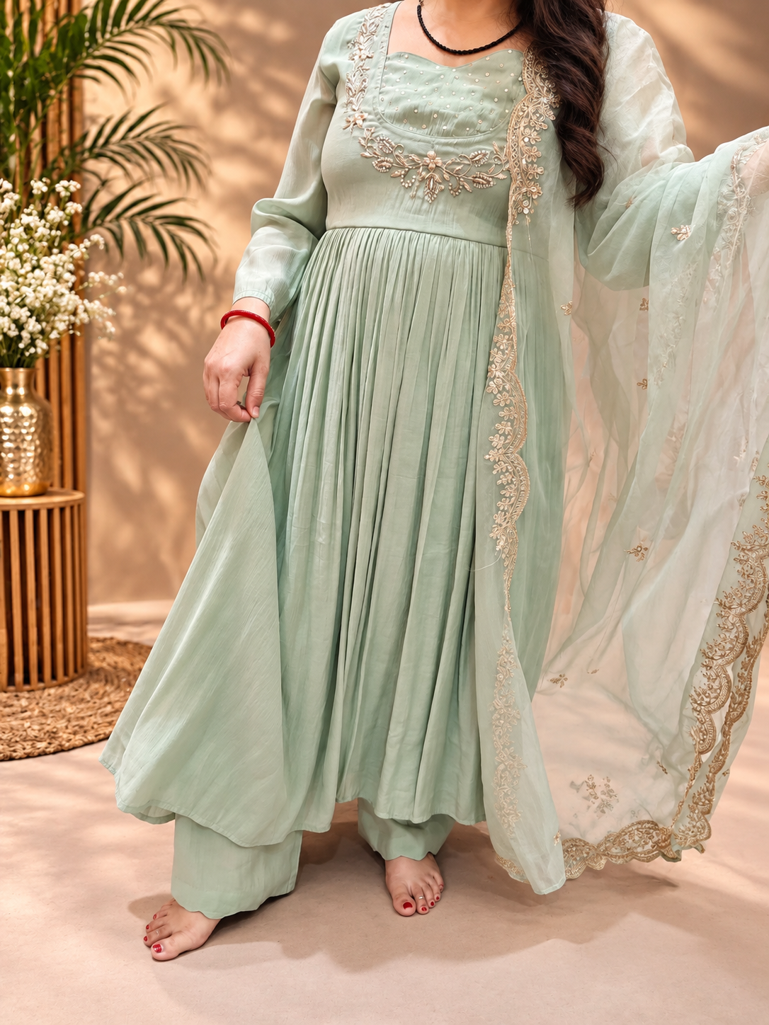 Pastel Sage Green Chanderi Anarkali Suit Set with Organza Dupatta