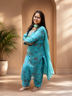 Aqua Blue 3-Piece Suit Set – Floral Print & Embroidered Neckline