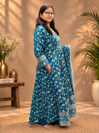 Cotton Anarkali Suit Set – Royal Blue Floral Print
