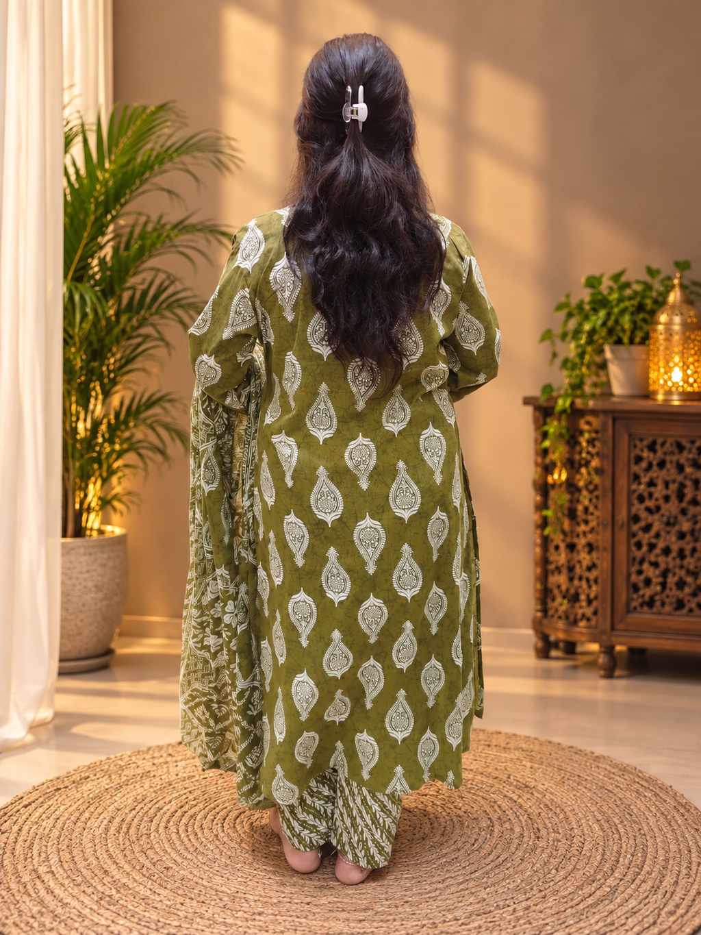 Olive Green Cotton Printed Kurta Pant & Dupatta Set