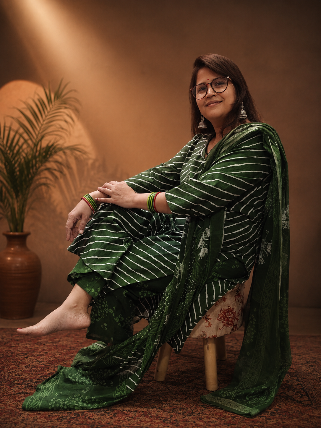 Premium Cotton Leheriya 3-Piece Suit Set with Bandhni Print Bottom & Dupatta