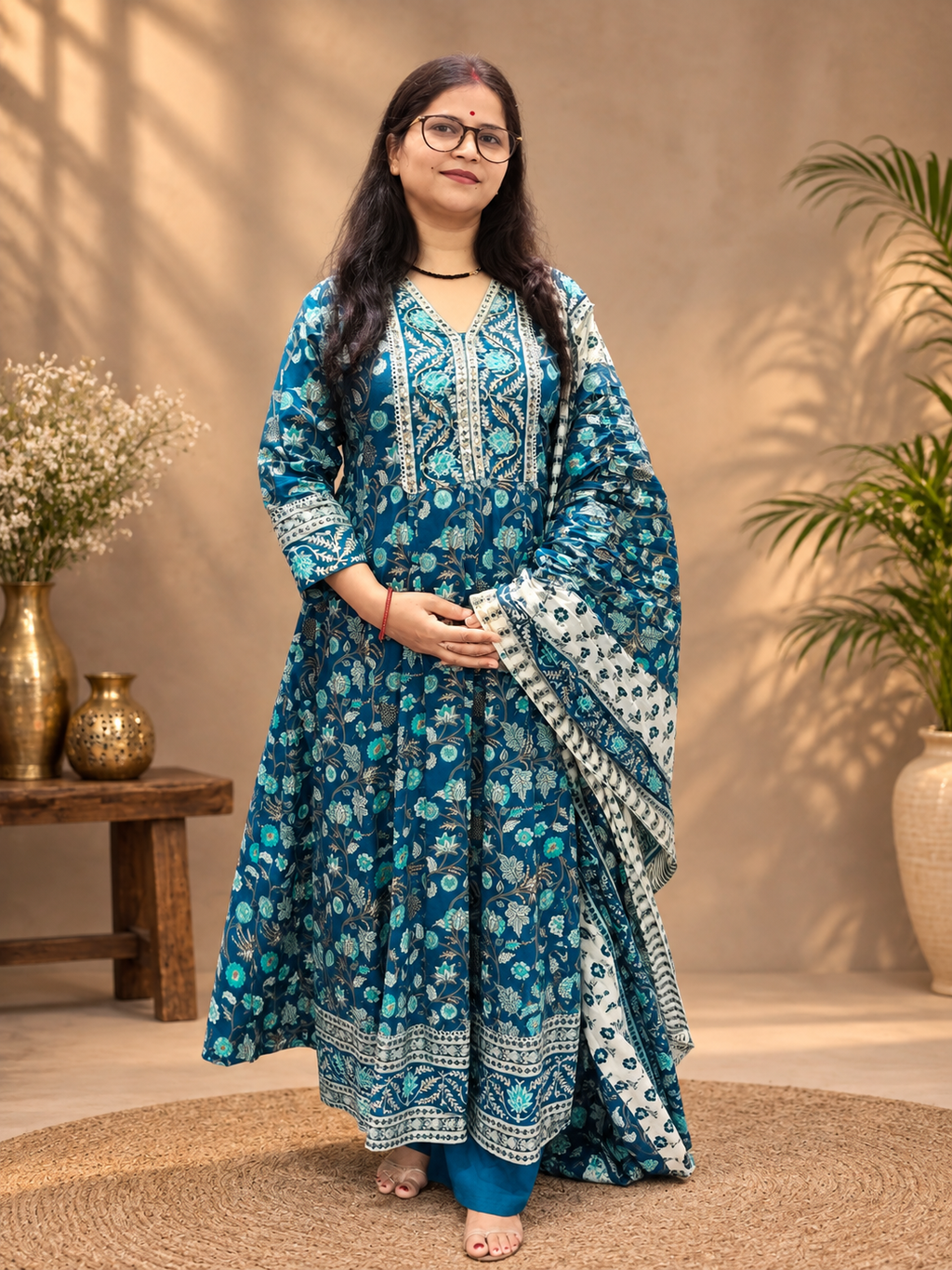 Cotton Anarkali Suit Set – Royal Blue Floral Print