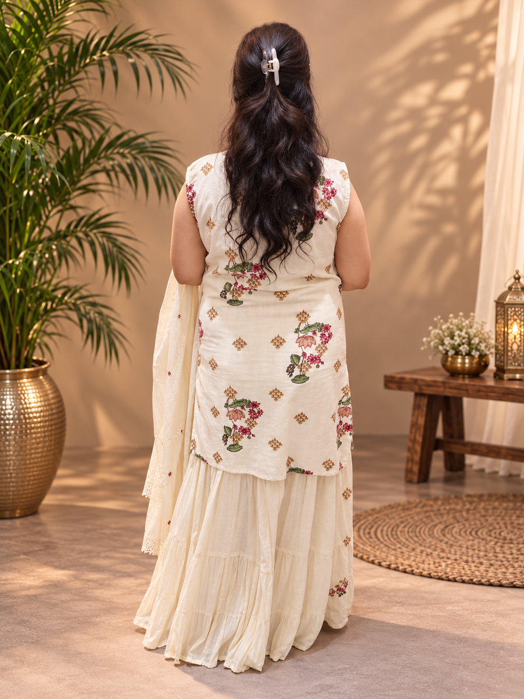 Ivory Floral Printed Cotton Kurta Set with Mul Cotton Skirt