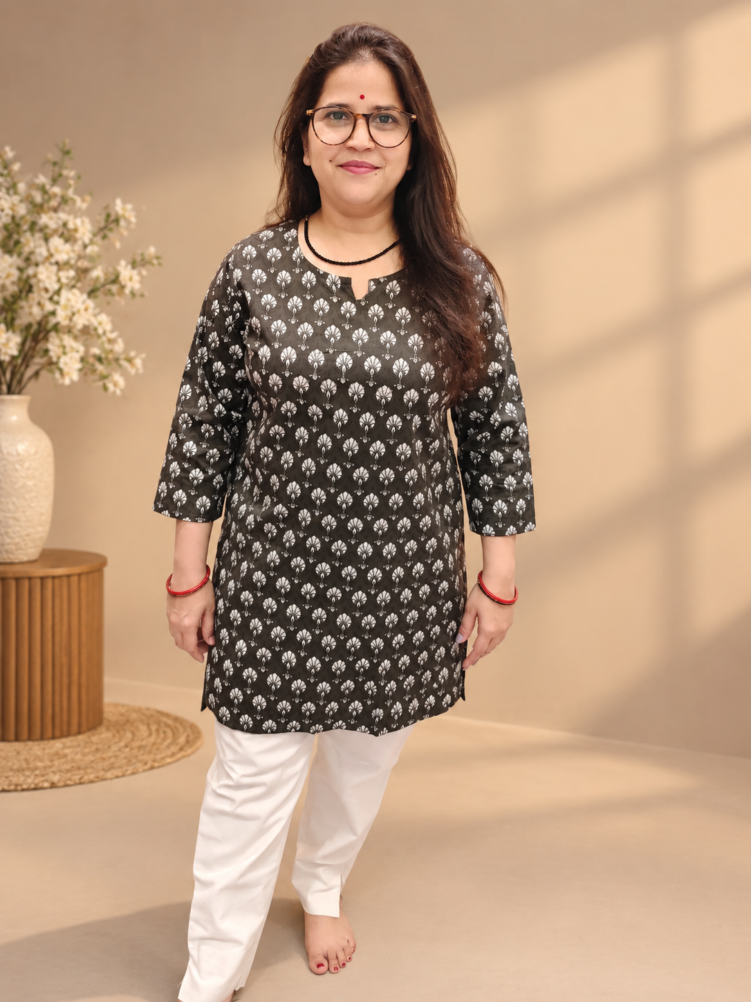 Very Dark Olive Green Printed Cotton Short Kurti