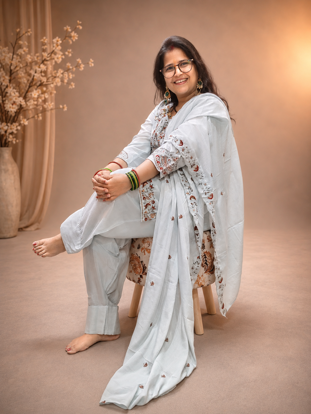 Powder Blue Embroidered Farshi Salwar 3 Pcs Suit Set