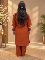 Rust Brown Printed Cotton Co-ord Set with Floral Detailing