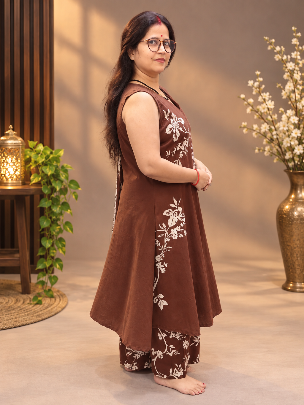Chocolate Brown Floral Printed Cotton Suit Set with Dupatta