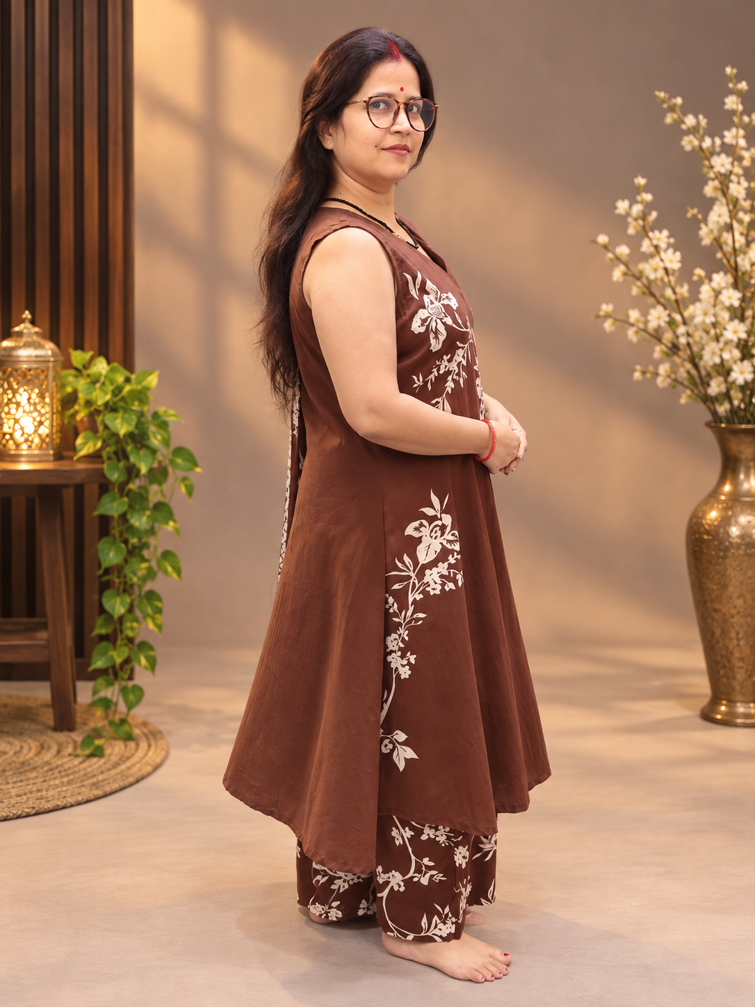 Chocolate Brown Floral Printed Cotton Suit Set with Dupatta