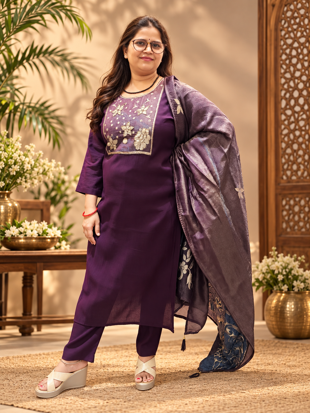 Wine Cotton Suit Set with Jacquard Dupatta