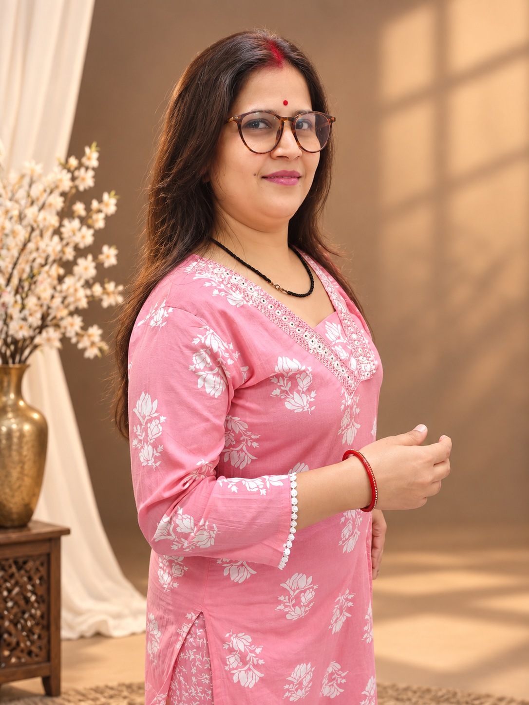 Pastel Pink Floral Printed Cotton Suit Set with Dupatta