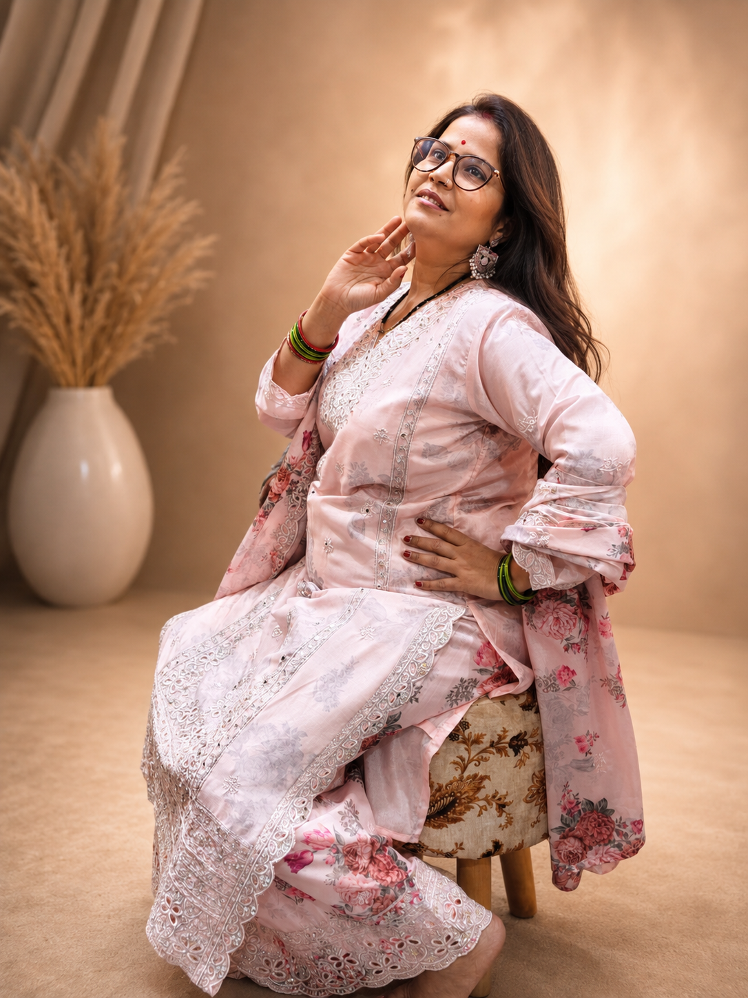 Blush Pink Floral Embroidered 3-Pcs Suit Set
