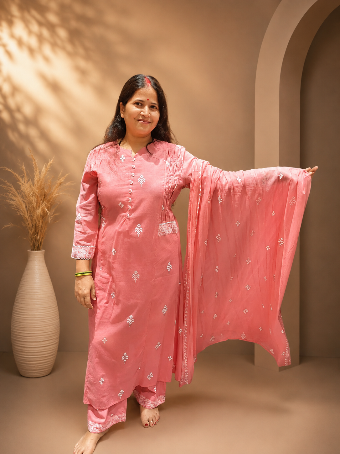 Premium Pink Cotton Printed Suit Set – 3 Piece
