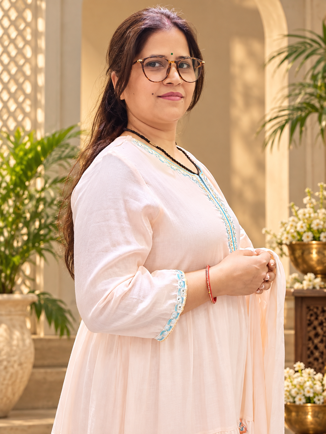 Peach Cotton Mul Anarkali 3-Piece Suit with Printed Border & Dupatta