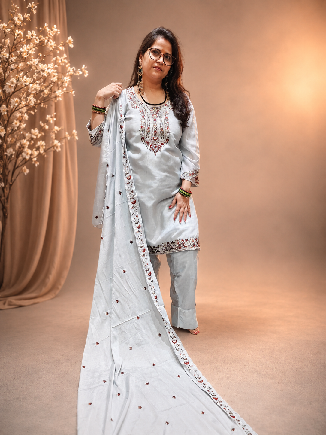 Powder Blue Embroidered Farshi Salwar 3 Pcs Suit Set