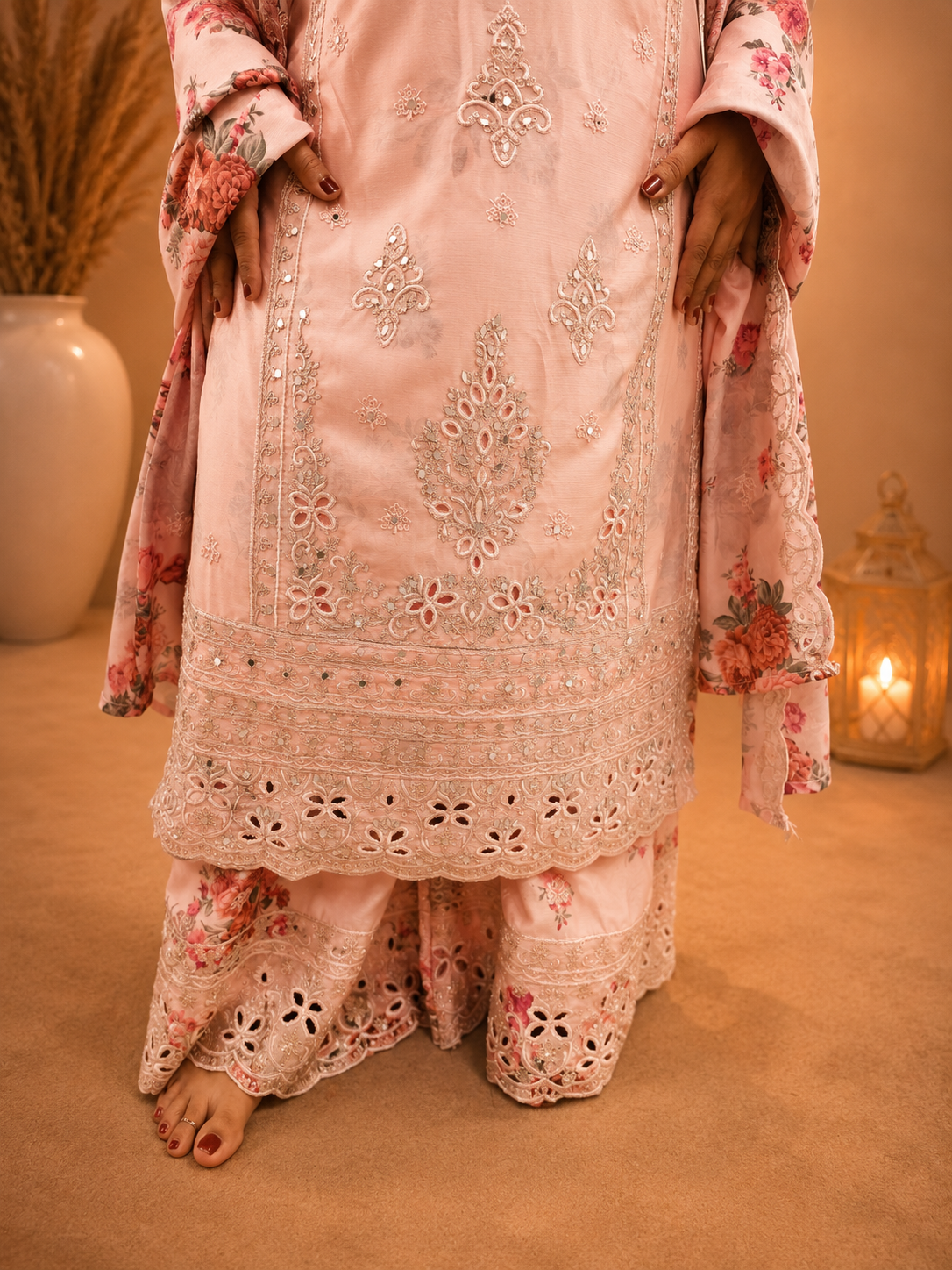 Blush Pink Floral Embroidered 3-Pcs Suit Set
