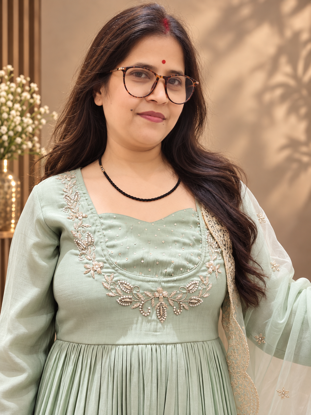 Pastel Sage Green Chanderi Anarkali Suit Set with Organza Dupatta