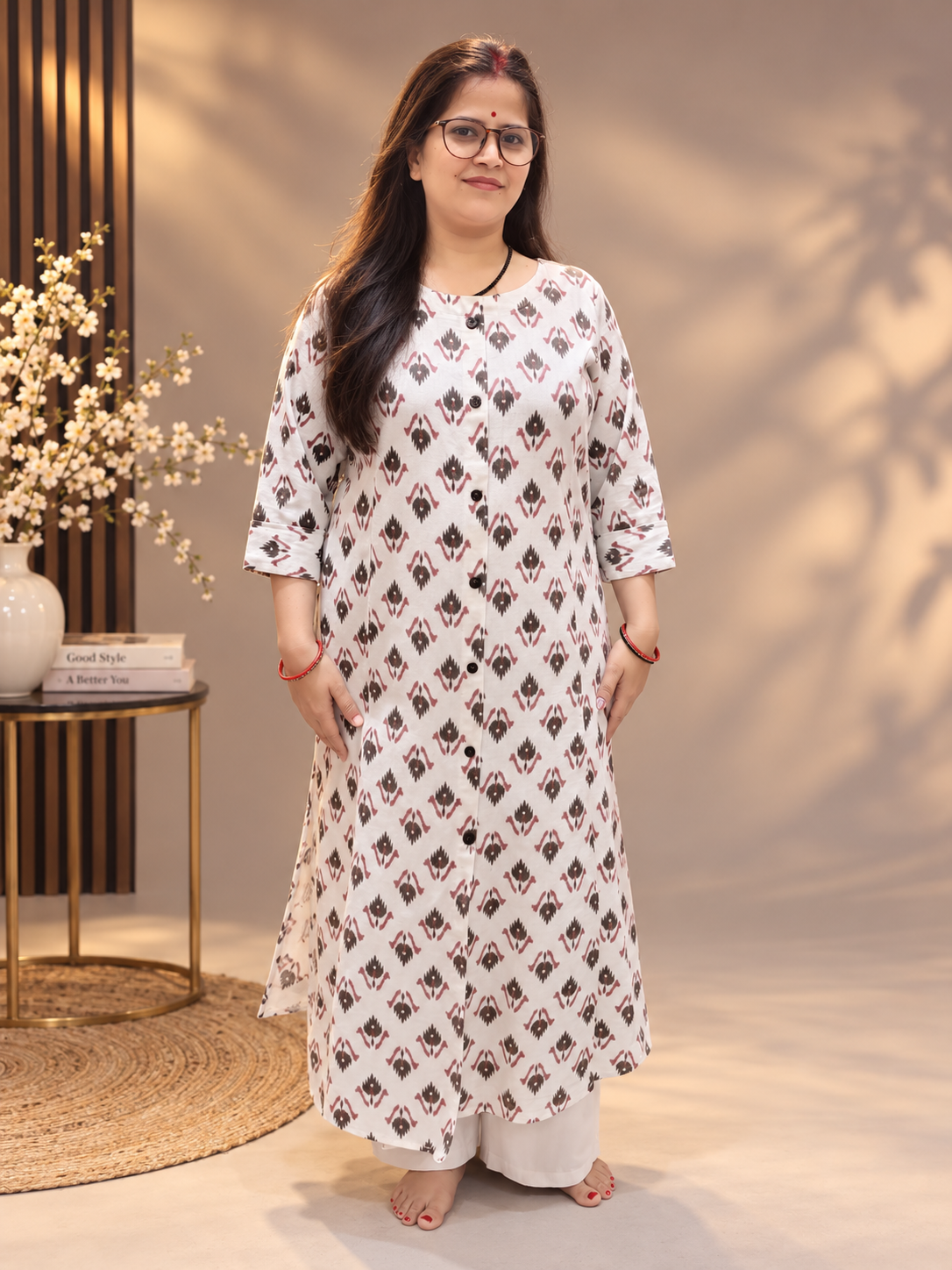 Printed Cotton Front-Button Kurti – Off-White Floral Motif