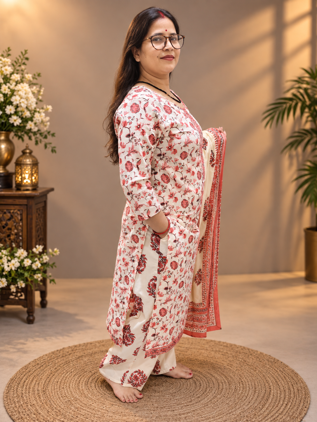 Ivory Floral Printed Cotton Suit Set with Dupatta
