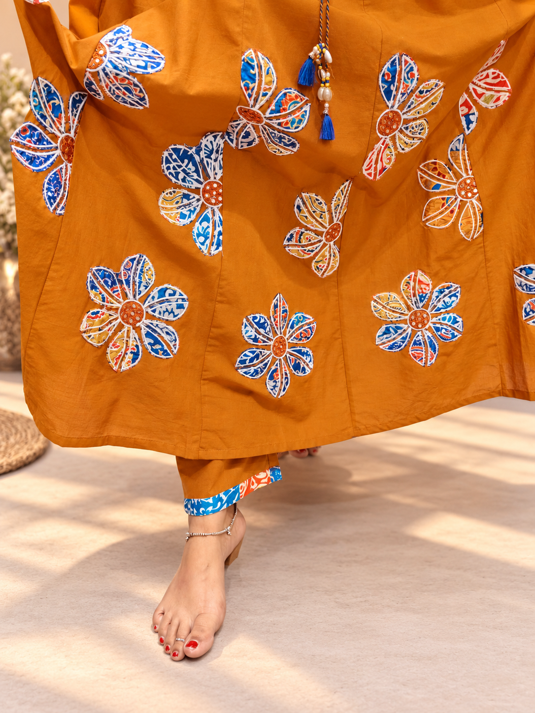 Mustard Ochre Cotton Anarkali Suit with Applique Work