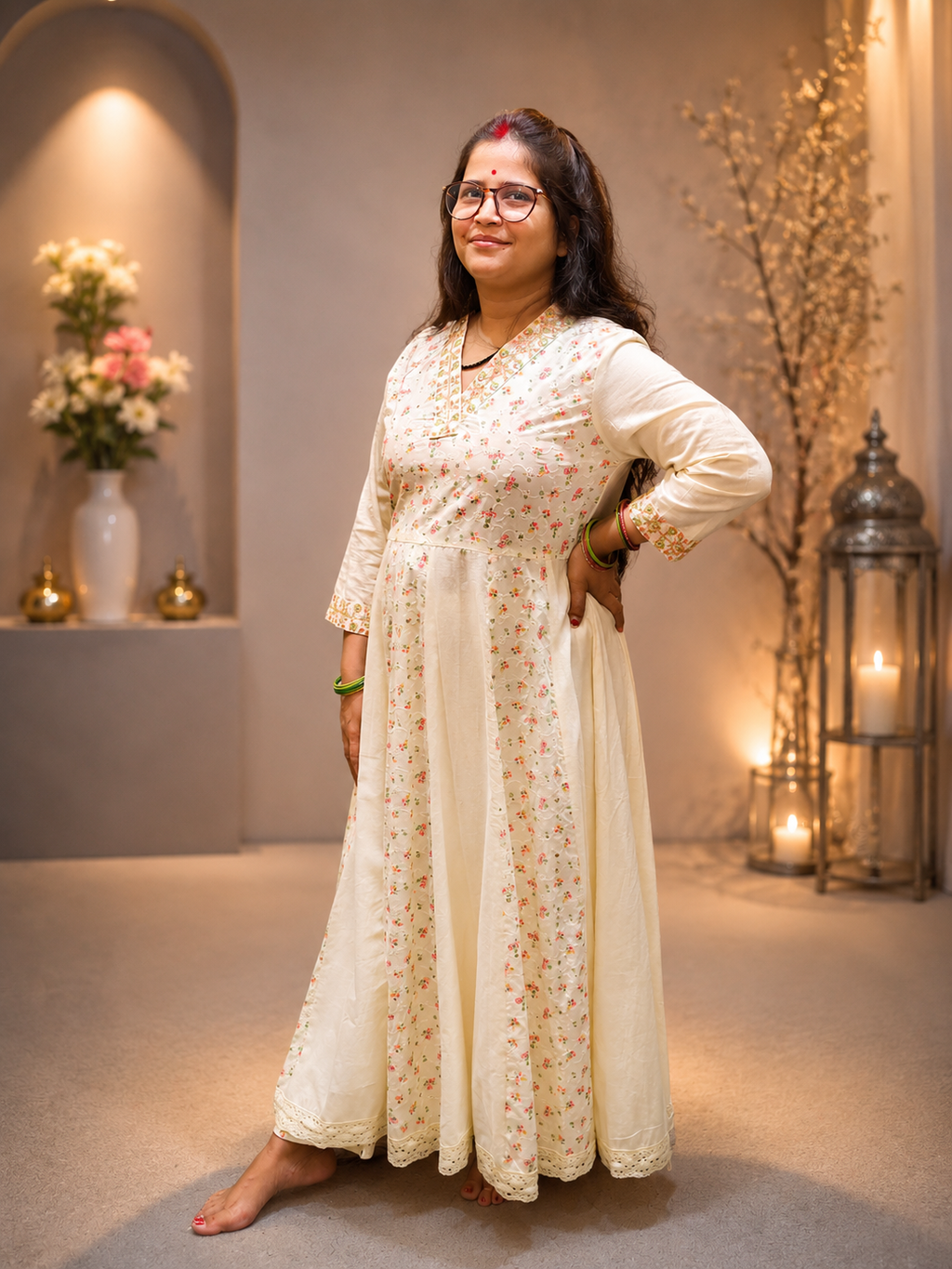 Ivory Cotton Co-ord Set with Sifli Print – Anarkali Silhouette