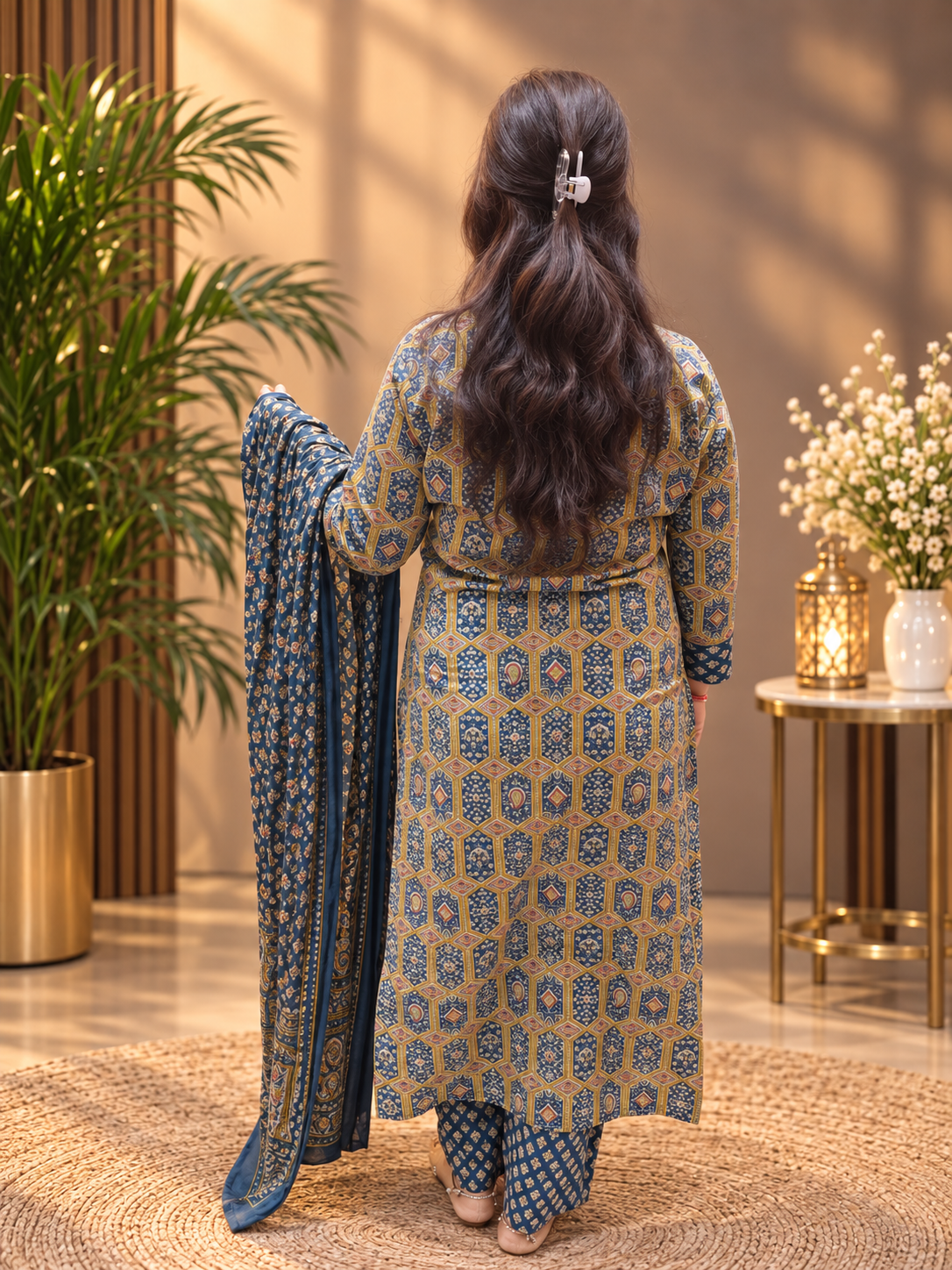 Blue Printed Cotton Kurta Pant Dupatta Set | 3-Piece Cotton Suit Set